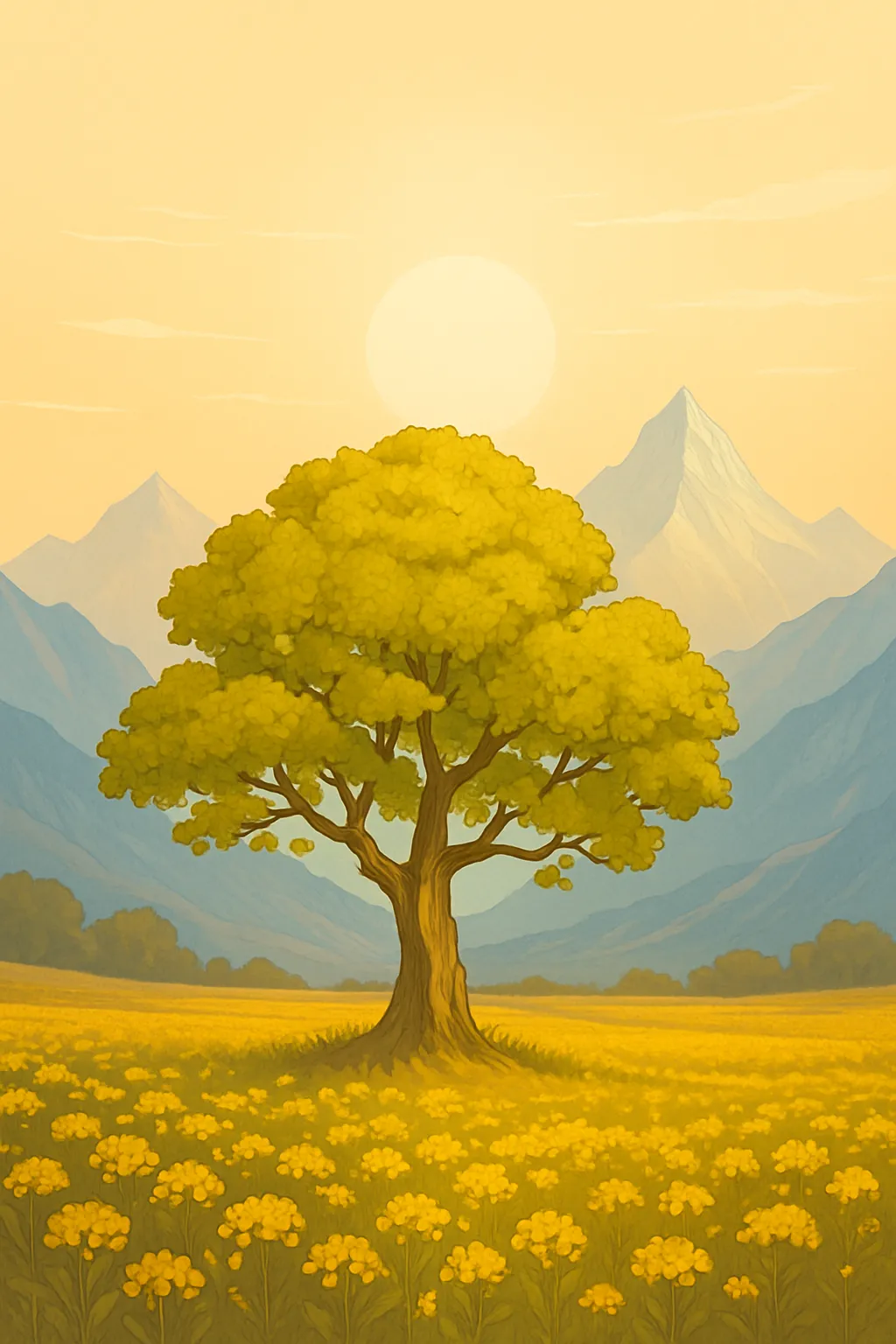 A mustard tree in a field of yellow flowers